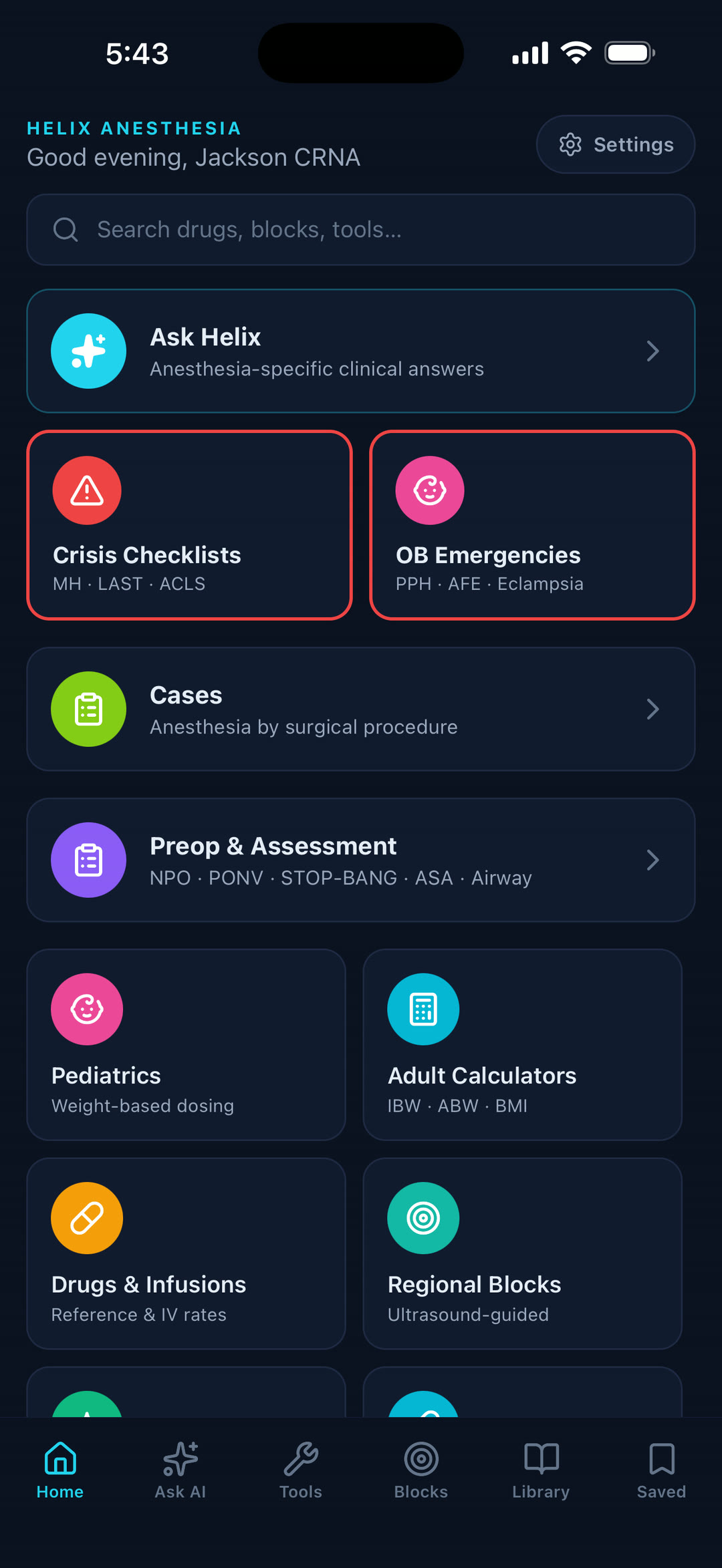 Helix Anesthesia home screen